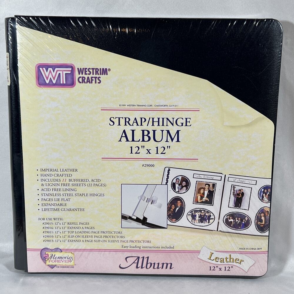 Vintage 1999 Westrim Crafts Navy Blue Leather 12” x 12” strap/hinge Album